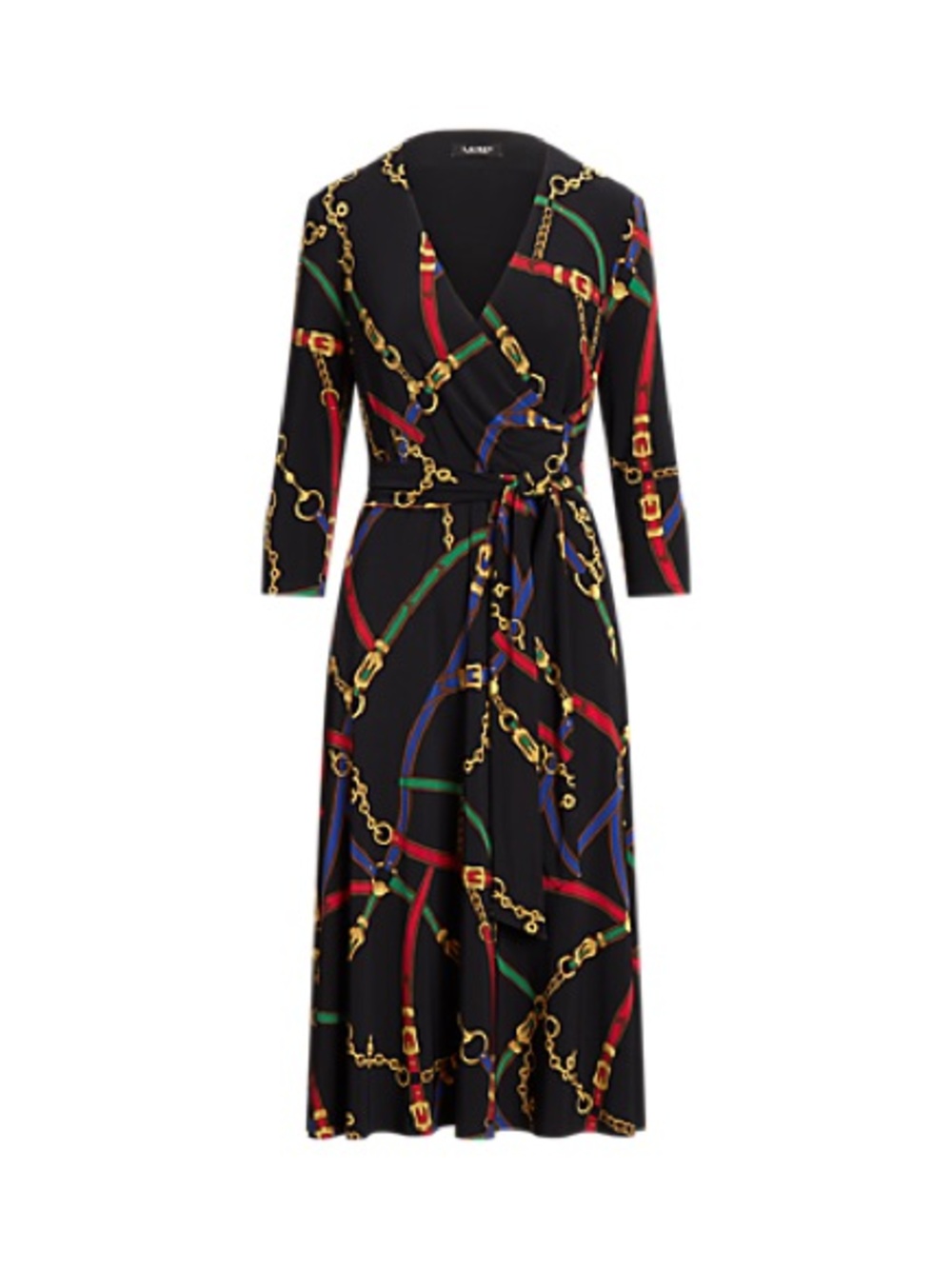 Black Chain-Print Wrap Dress with Belt